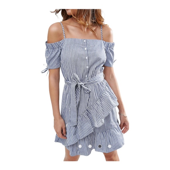 ASOS Dresses & Skirts - ASOS Off Shoulder Sundress in Blue Stripe sz 4 Small Ruffle Faux Wrap (No Belt)